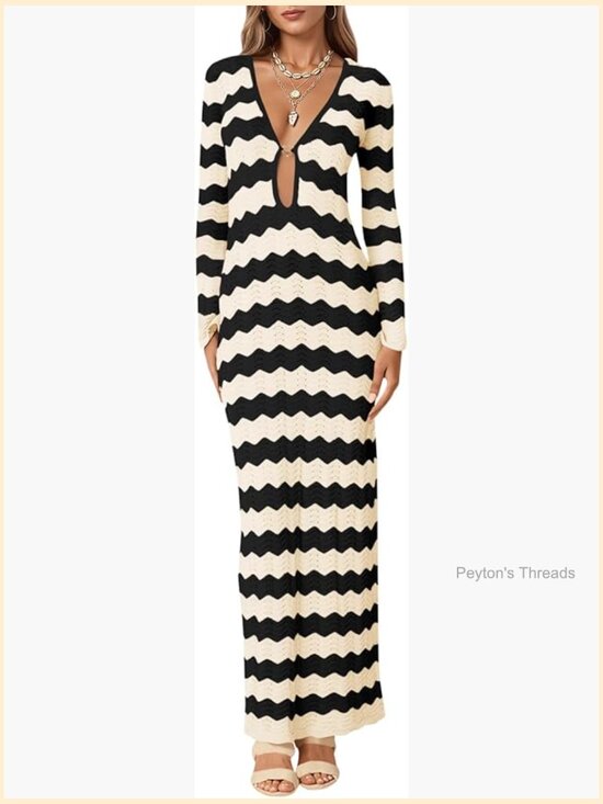 Other - Crochet Striped Cut Out V Neck Long Sleeve Maxi Cover Up Beach Dress